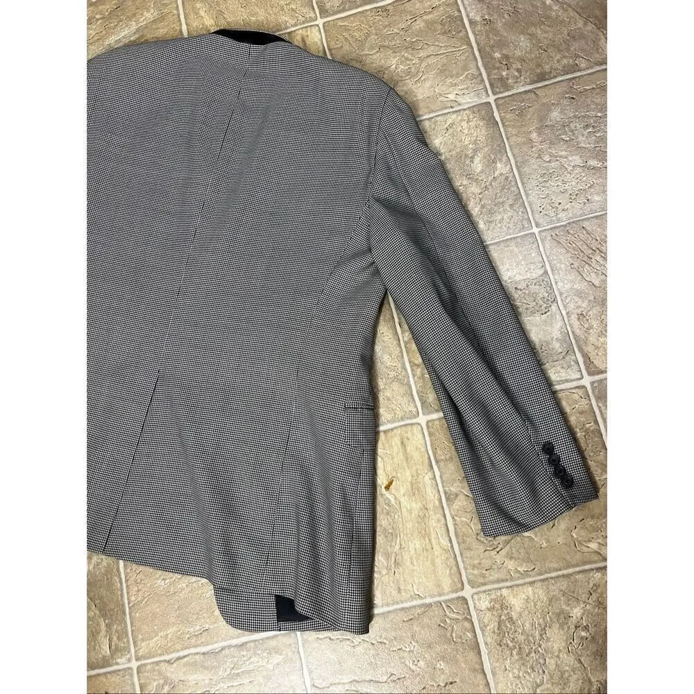 John W Nordstrom Blazer 100% Wool Black Grey Houndstooth Men 46L Two-Button